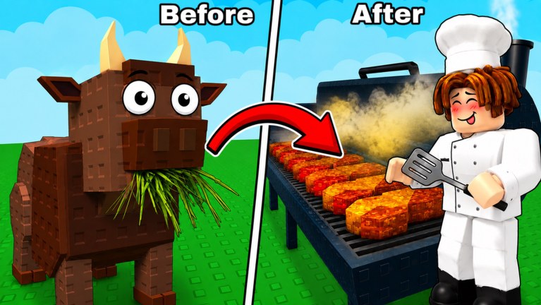 Split Hatch And Fry : une vache dans l'herbe et des steaks qui cuisent au restaurant